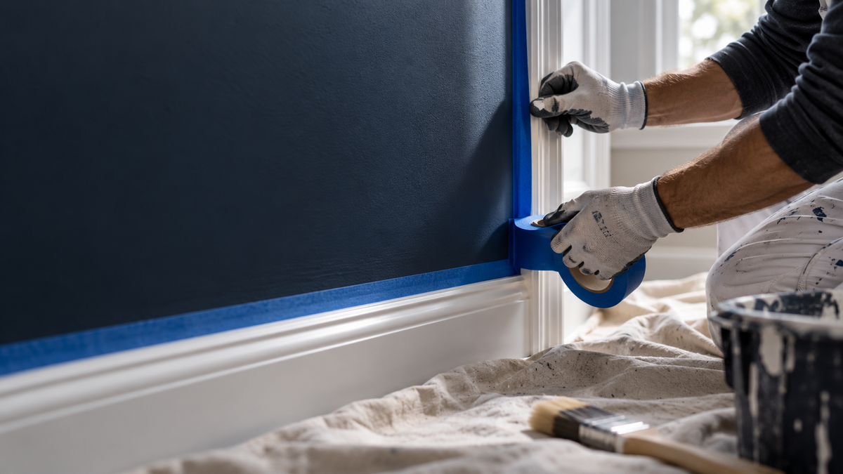 Painter taping a wall on a jobsite