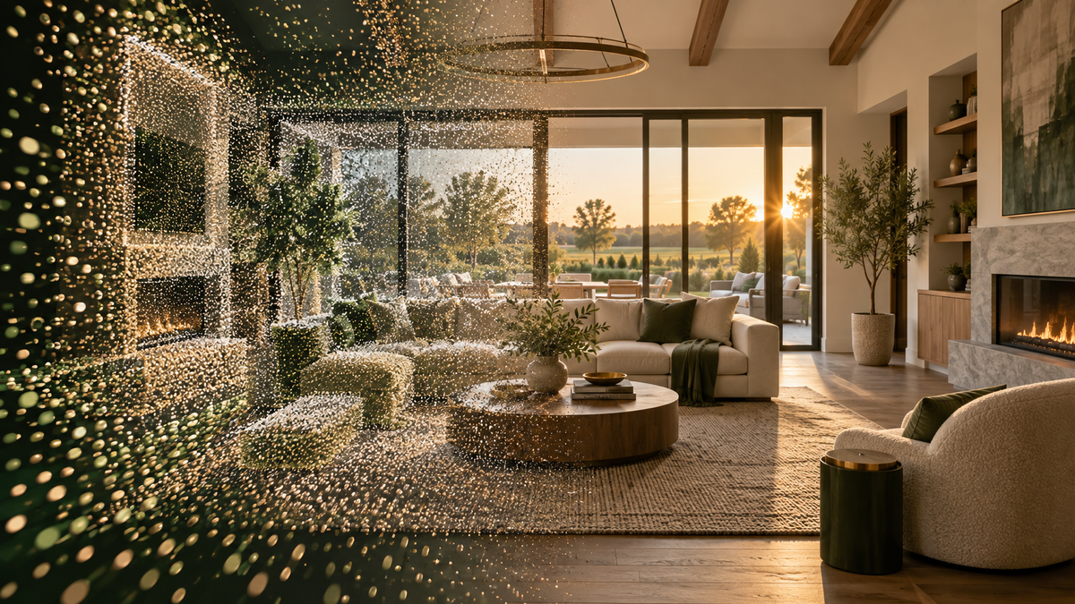Living room transforming from a Gaussian splat reconstruction into a finished architectural view